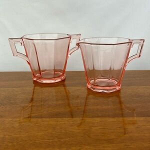 Vintage Heisey art deco pink ribbed octagon depression glass cream and sugar set